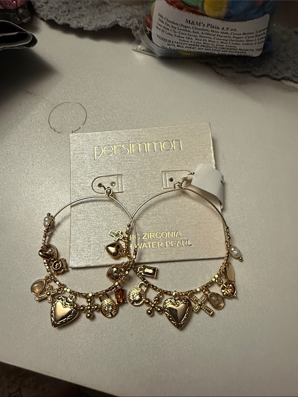 Persimmon Gold Heart Charm Hoop Earrings with Pearls and CZ